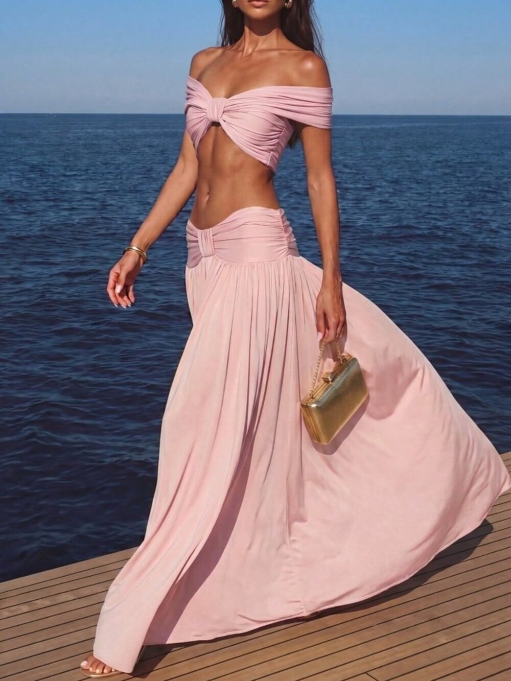 Pink Boho Women's Off Shoulder Twist Cropped Top And Wide-Leg Pants 2-Piece Set